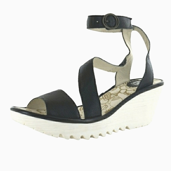 Fly London Yesk Black wedge sandals ankle strap with white sole size US 10